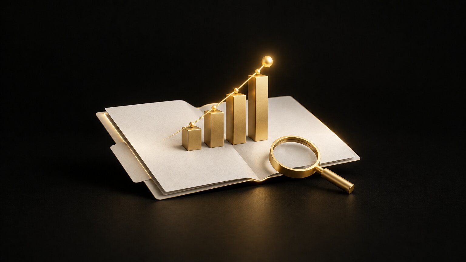 Gold bar chart and rising trend line on an open ivory report folder, with a magnifying glass beside it, for reviewing a monthly SEO report
