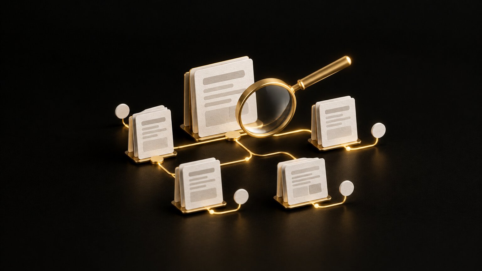 Ivory web page models linked by glowing gold paths as a gold magnifying glass inspects one connection, like a technical SEO check of a site's structure